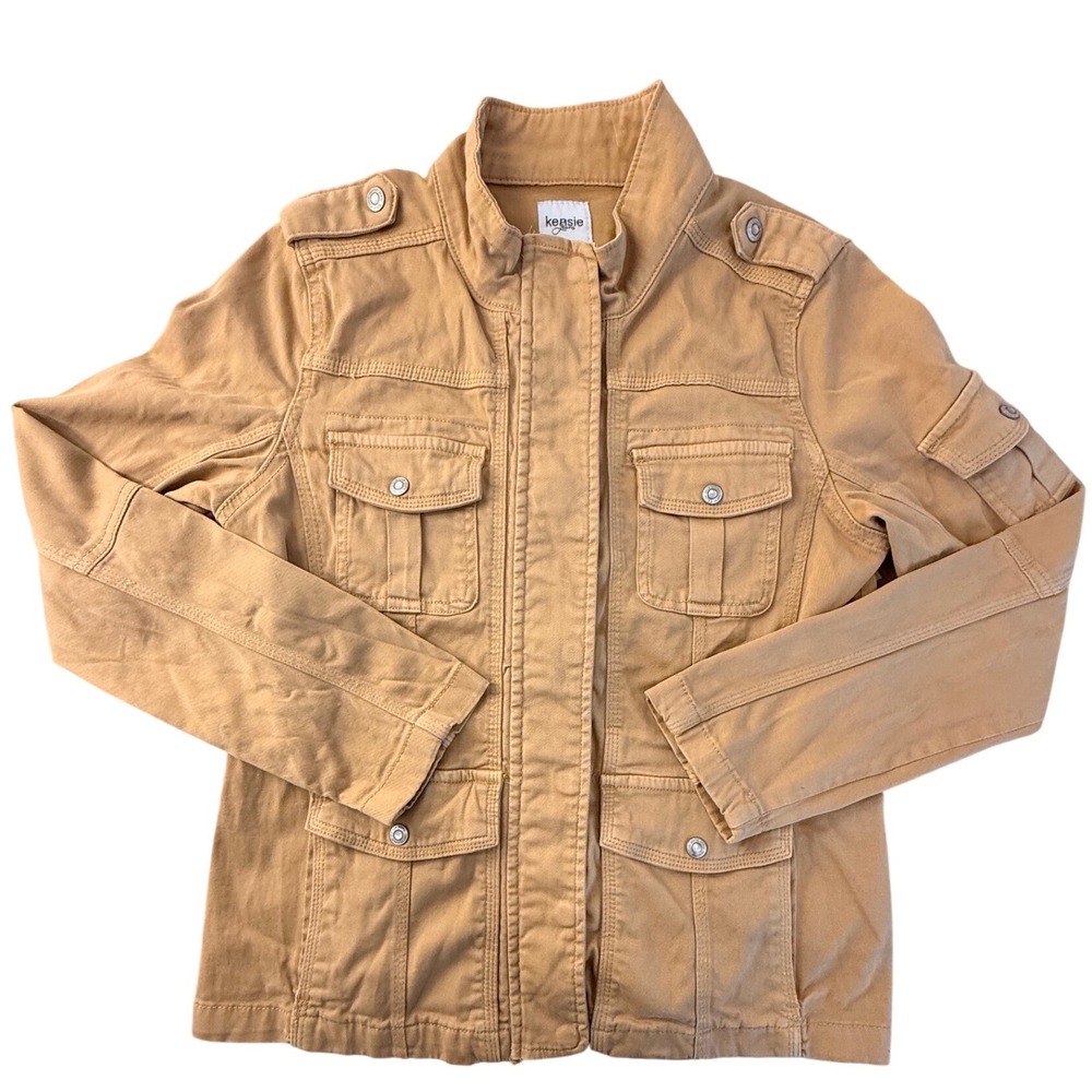 Kensie Jeans‎ Womens Utility Jacket Camel Tan Cotton Field Coat Large Epaulettes